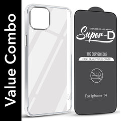 For Apple iPhone 14 Combo with Back Cover and 9H Tempered Glass (Lifetime Anti-Yellow | Sleek Hard Crystal | Oleophobic Coating Screen Glass)
