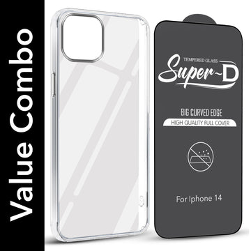 For Apple iPhone 14 Combo with Back Cover and 9H Tempered Glass (Lifetime Anti-Yellow | Sleek Hard Crystal | Oleophobic Coating Screen Glass)