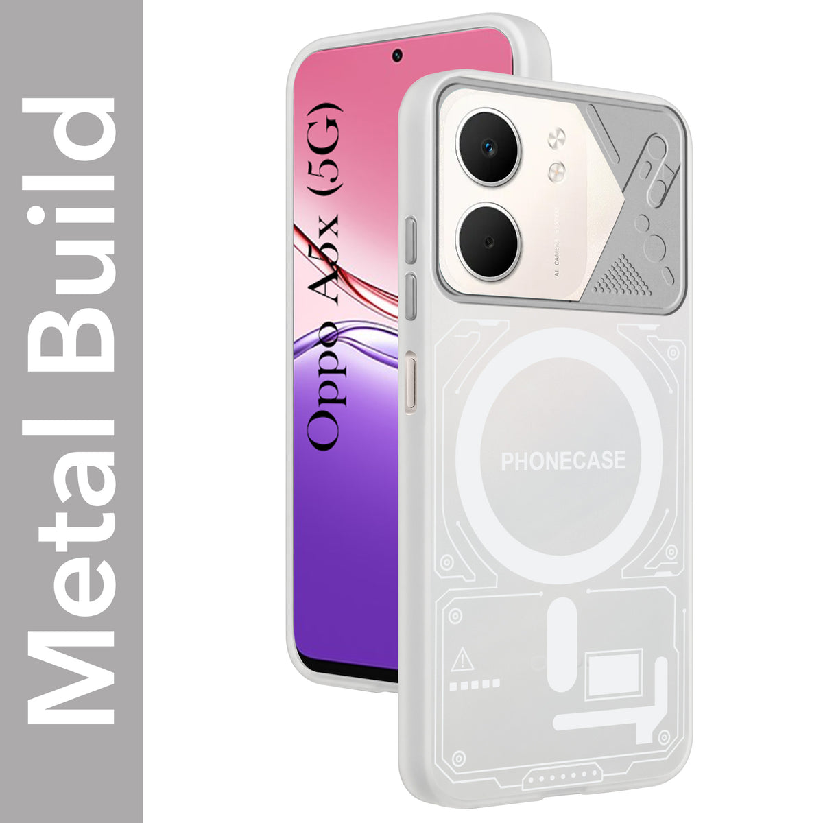 For Oppo A5X Metallic Back Cover Case (Metallic Camera Protection & Buttons | Translucent Milky Shade | Hard Polycarbonate)