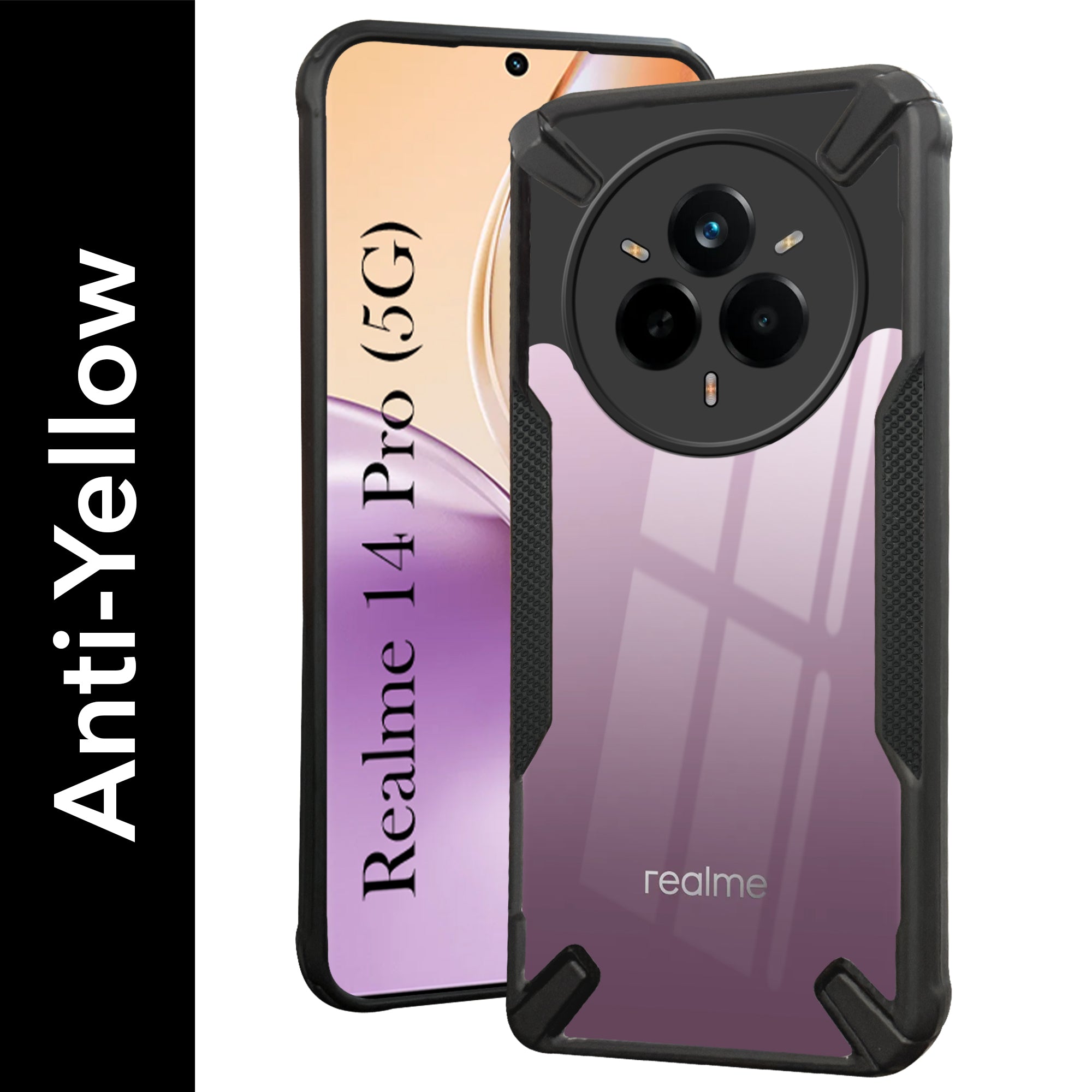 For Realme 14 Pro Back Cover Case (Hybrid Crystal | Ultimate Shockproof Bumpers | Anti Yellow | Rugged Armor | Black )