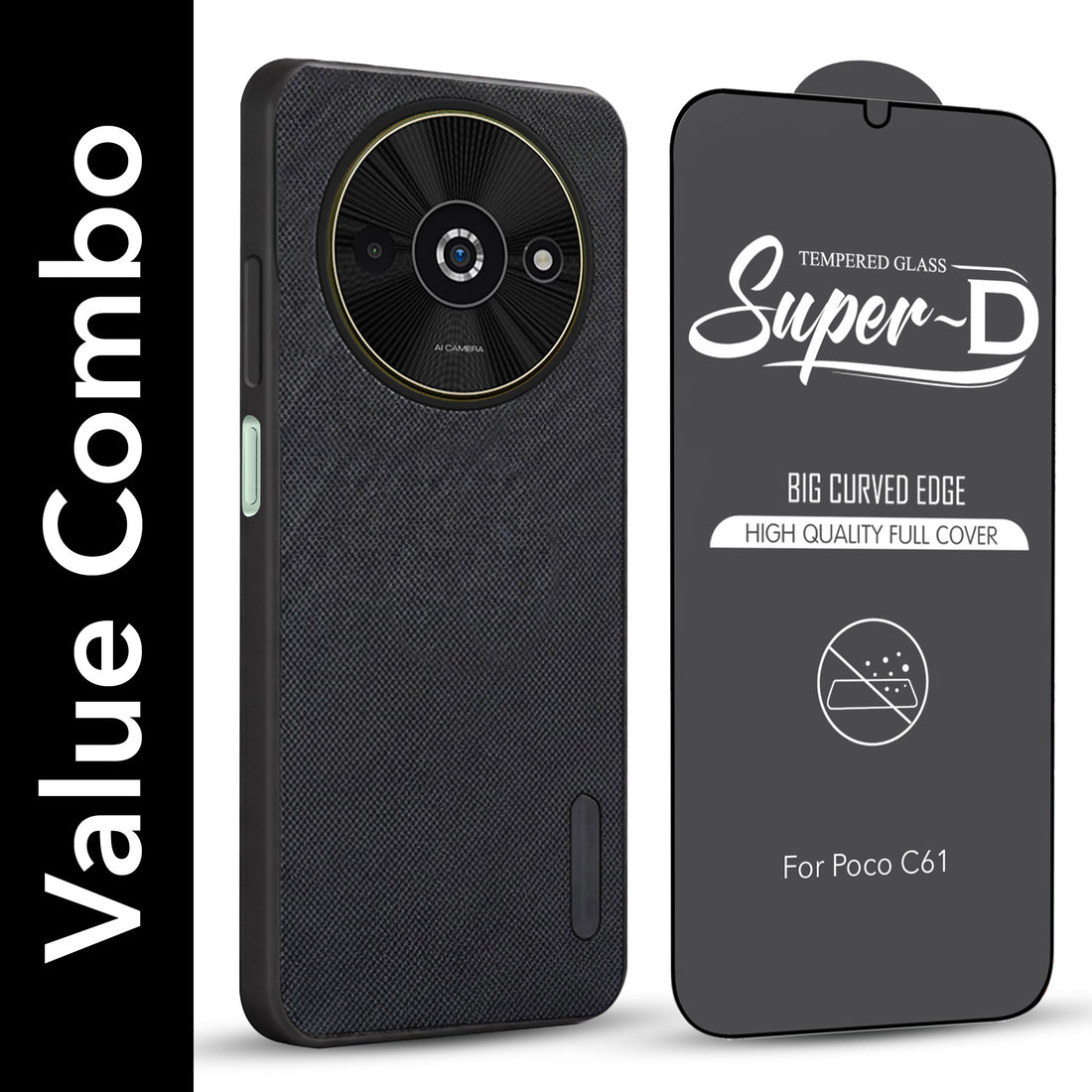 For Xiaomi Poco C61 Combo (Textured Grip Design | Micro-Fiber Cloth Inside | Oleophobic Coating Screen Glass)