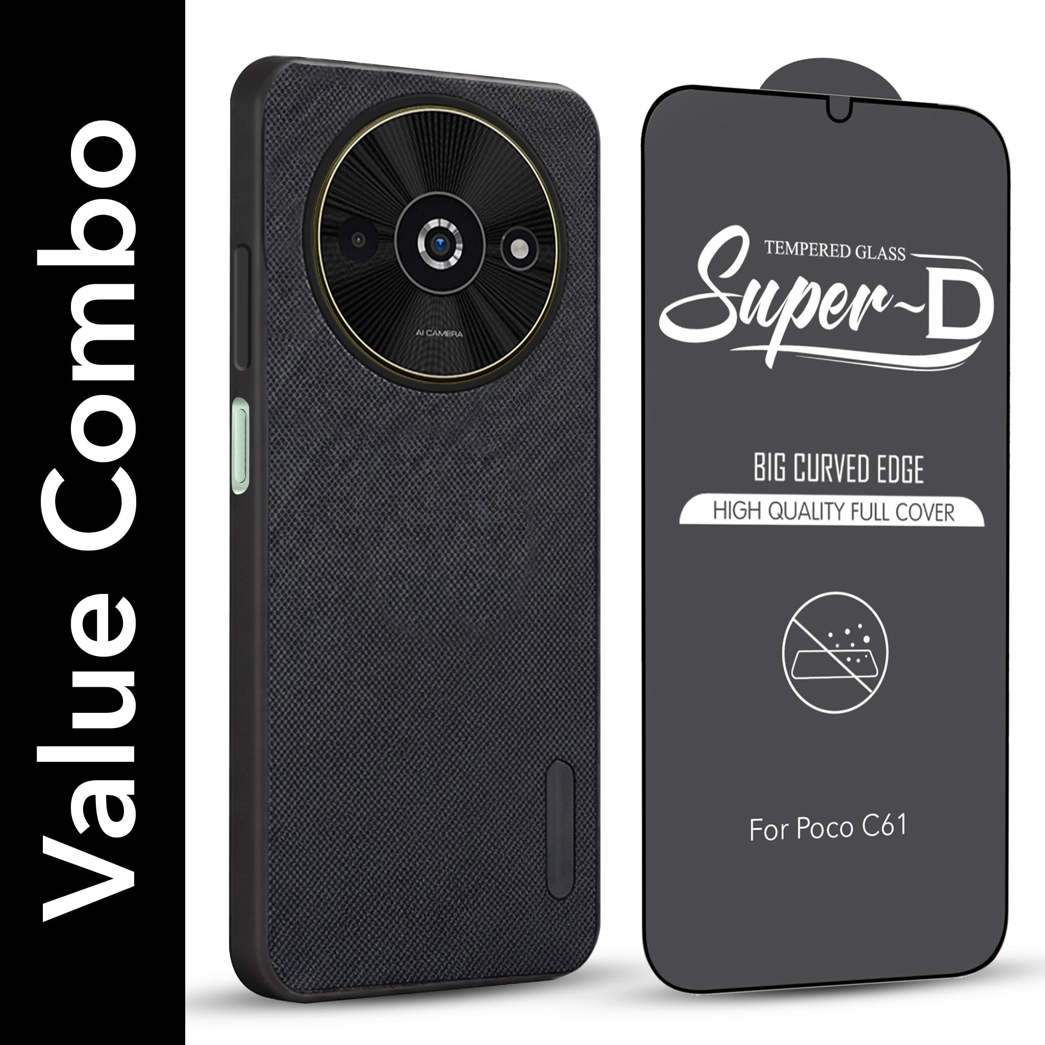 For Xiaomi Poco C61 Combo (Textured Grip Design | Micro-Fiber Cloth Inside | Oleophobic Coating Screen Glass)