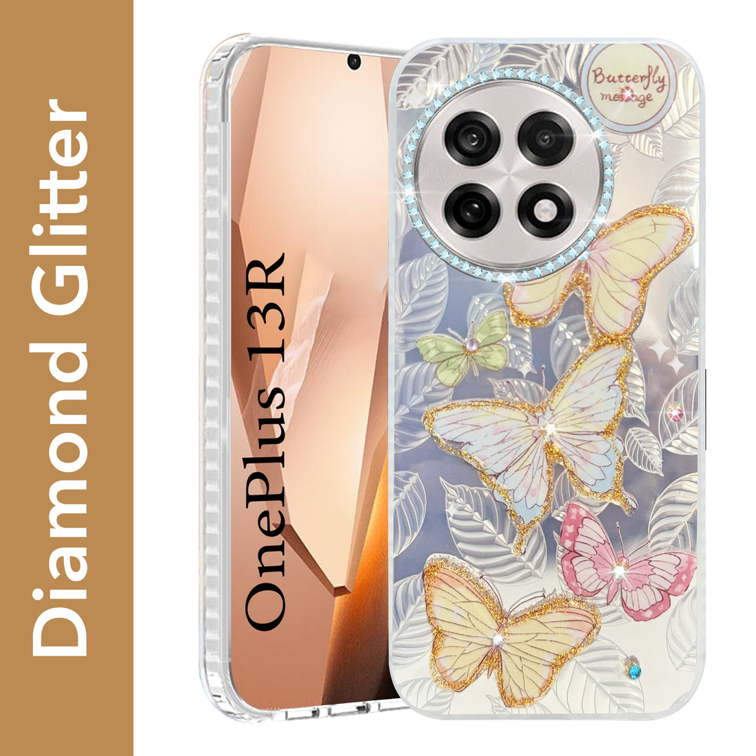 For OnePlus 13R Back Cover Case (Luxury Floral Glitter Cute Butterfly | Diamond Studded Camera Bump | Girls & Women Design)