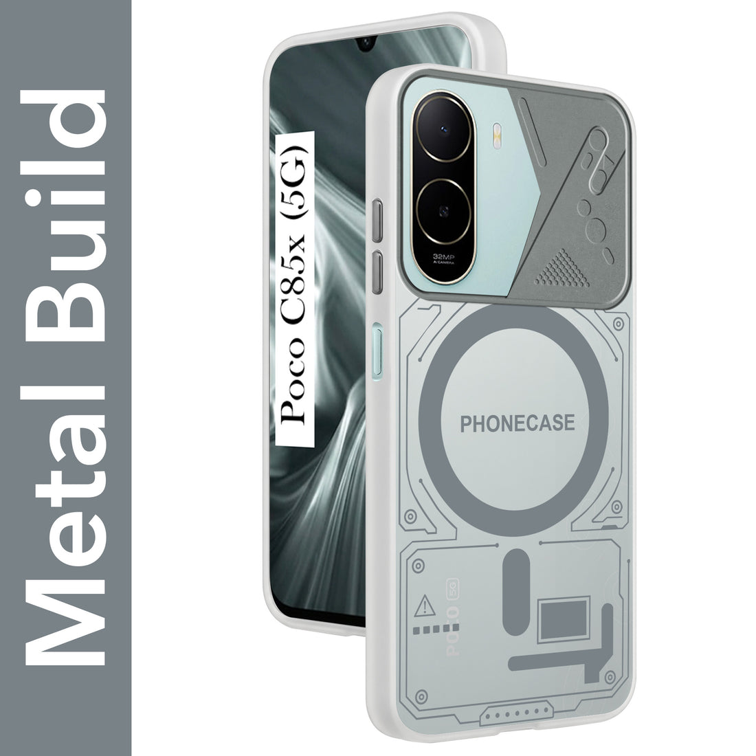 For Poco C85x 5G Metallic Back Cover Case (Metallic Camera Protection & Buttons | Translucent Milky Shade | Hard Polycarbonate)