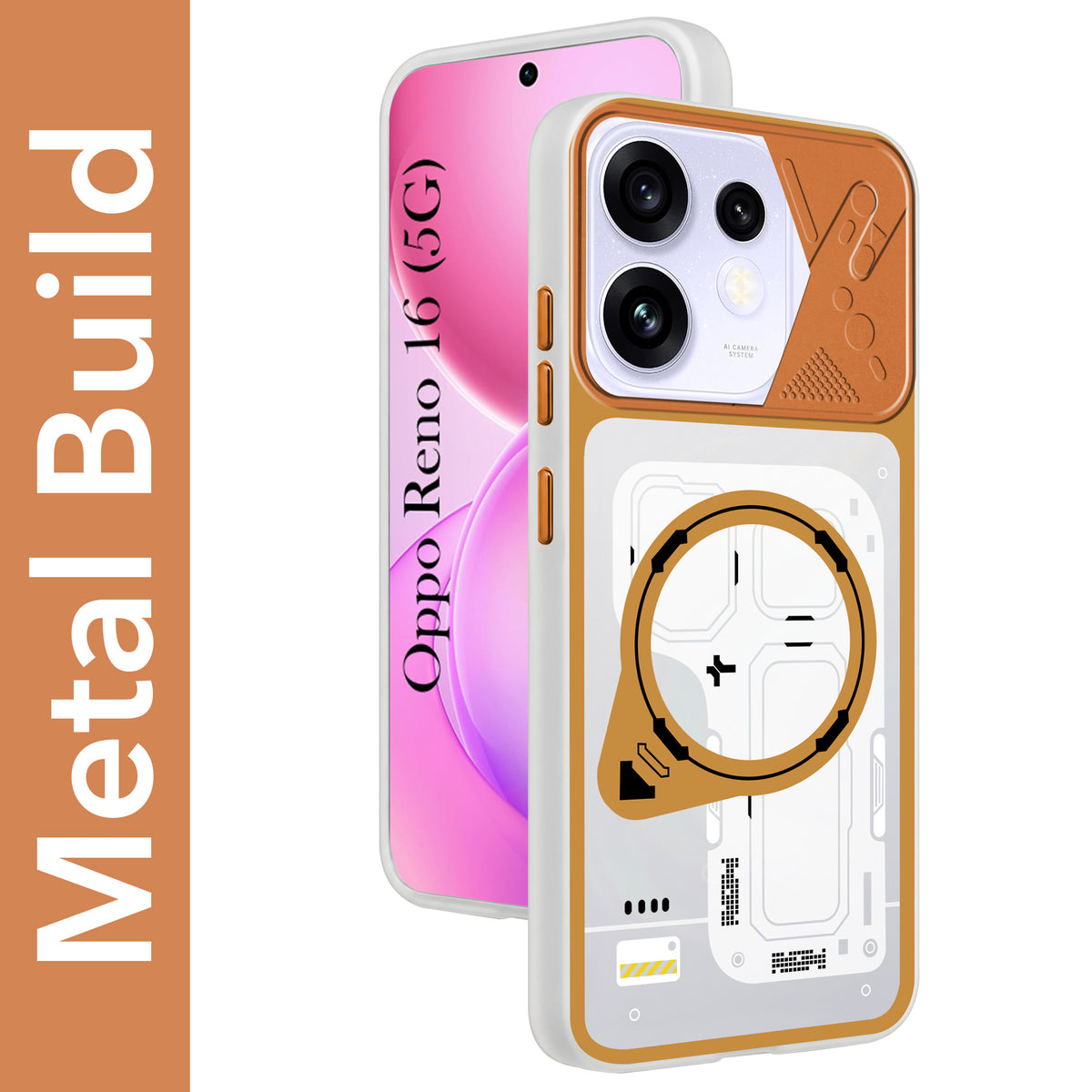 For Oppo Reno 16 Metallic Back Cover Case (Metallic Camera Protection & Buttons | Translucent Milky Shade | Hard Polycarbonate)