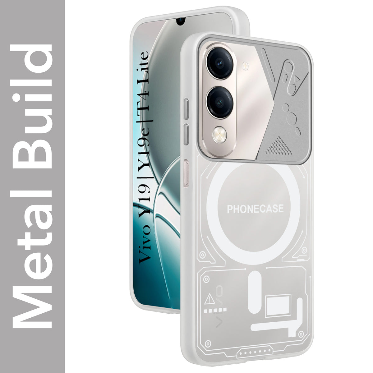 For Vivo Y19 | Vivo Y19e | Vivo T4 Lite Metallic Back Cover Case (Metallic Camera Protection & Buttons | Translucent Milky Shade | Hard Polycarbonate)