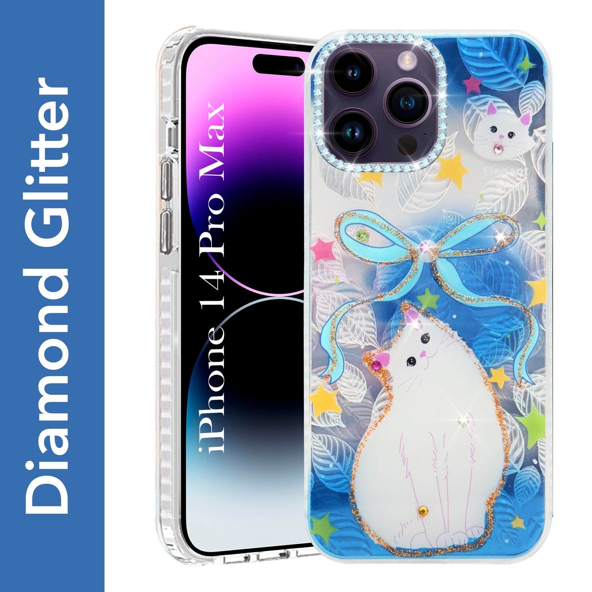 For Apple iPhone 14 Pro Max Back Cover Case (Luxury Floral Glitter Cute Butterfly | Diamond Studded Camera Bump | Girls & Women Design)