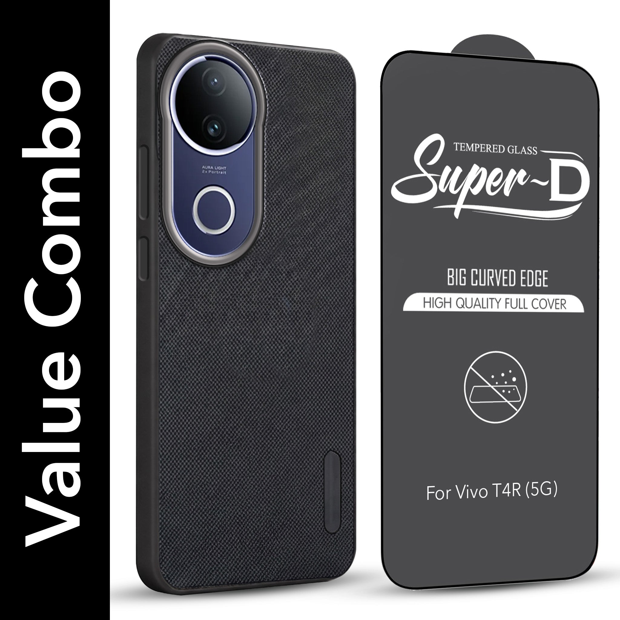 For Vivo T4R Combo with Back Cover and 9H Tempered Glass (Textured Grip Design | Micro-Fiber Cloth Inside | Oleophobic Coating Screen Glass)