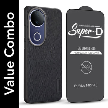 For Vivo T4R Combo with Back Cover and 9H Tempered Glass (Textured Grip Design | Micro-Fiber Cloth Inside | Oleophobic Coating Screen Glass)