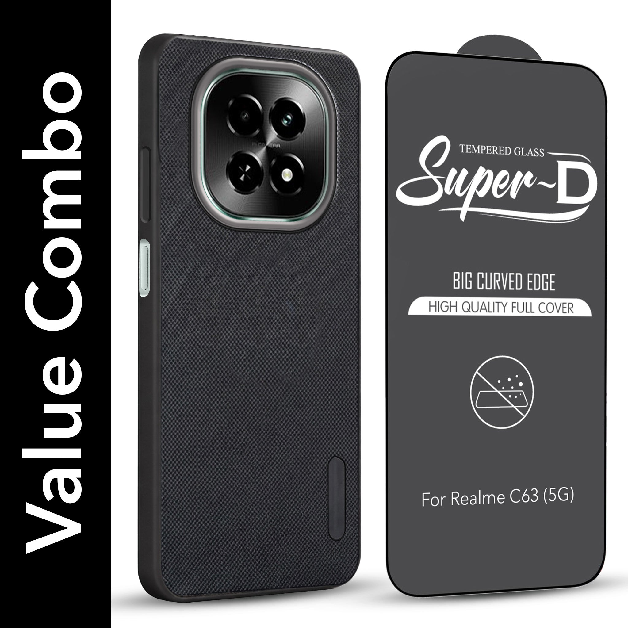 For Realme C63 5G Combo (Textured Grip Design | Micro-Fiber Cloth Inside | Oleophobic Coating Screen Glass)