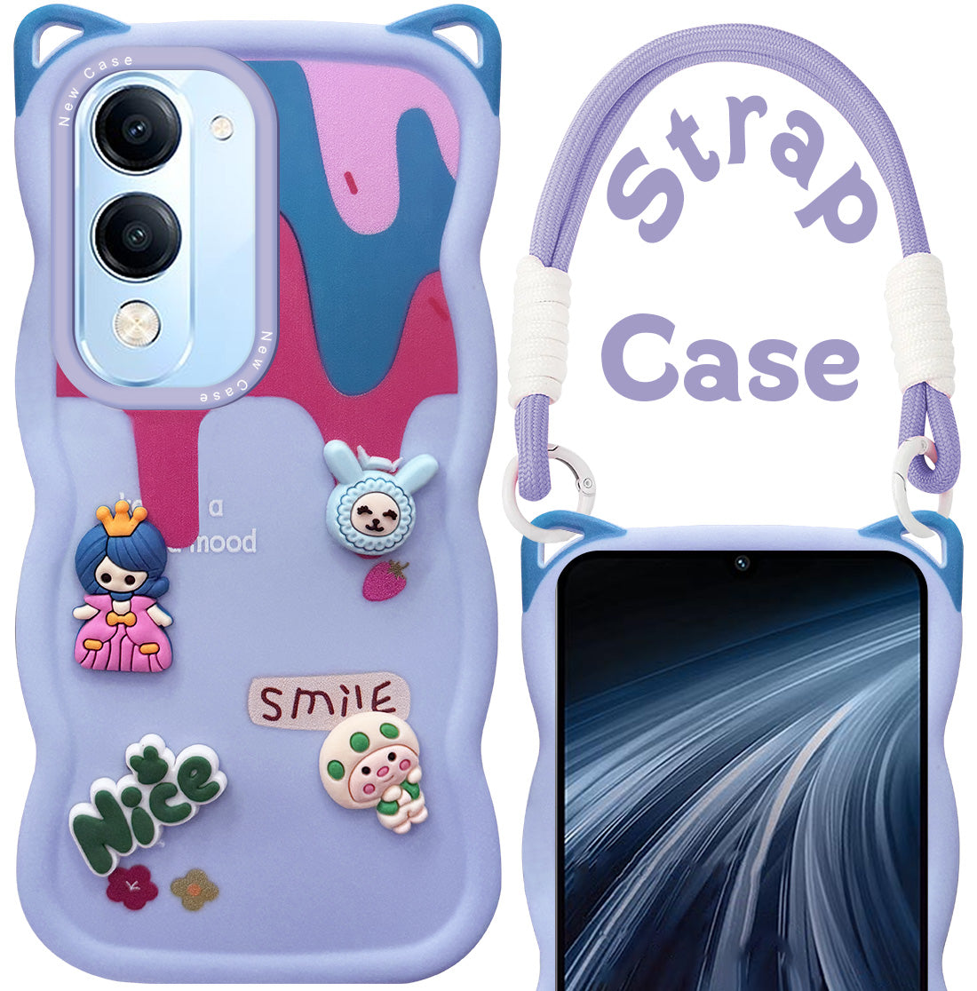 For Vivo iQOO Z10 Lite Back Case Cover Strap (3D Embossed Figures | Strap Holder | 360* Soft Cushion with Camera Bump)