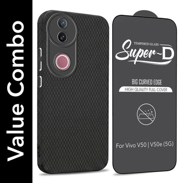 For Vivo V50 | Vivo V50e Combo with Back Cover and 9H Tempered Glass (Liquid Silicone | Camera Protection | Oleophobic Coating Screen Glass)