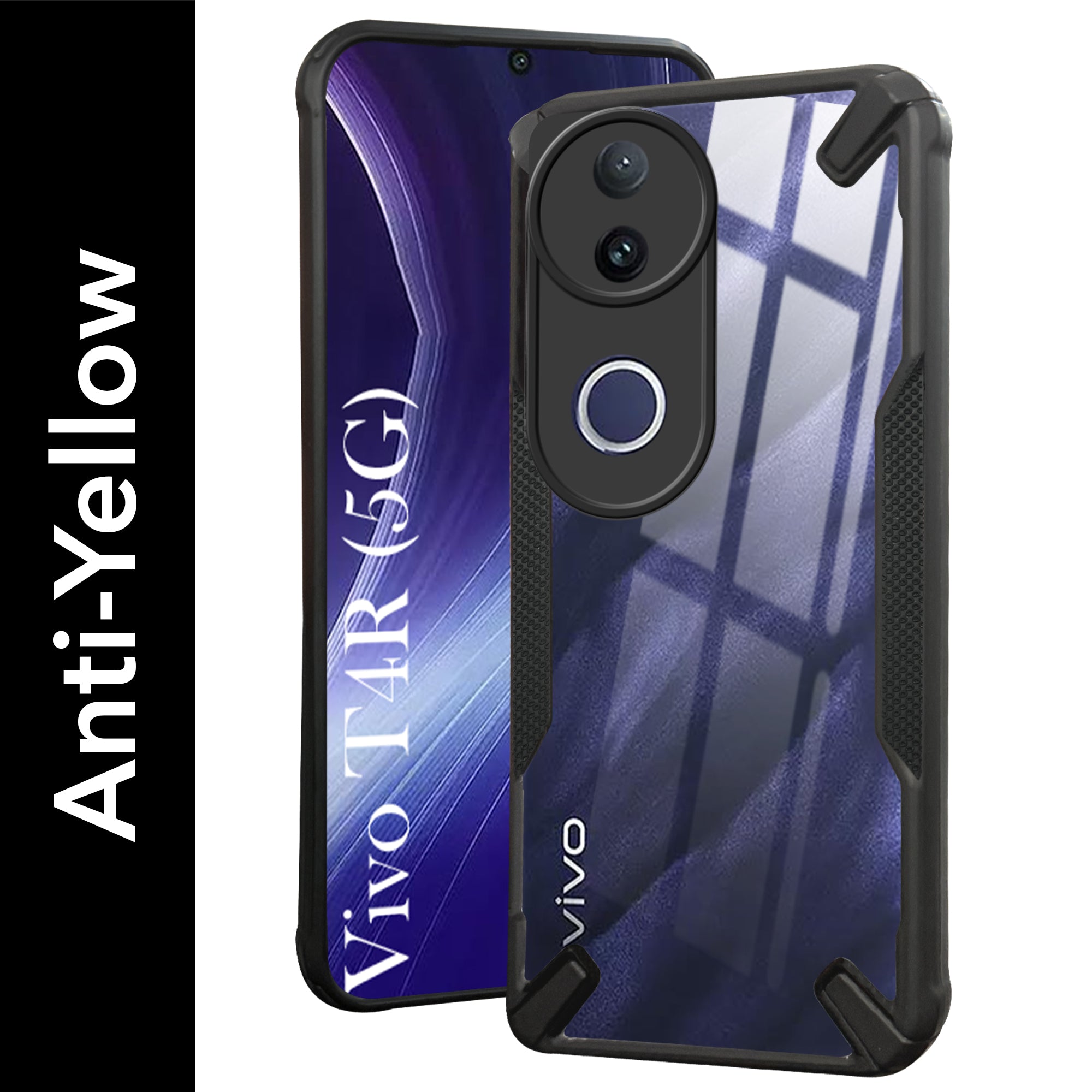 For Vivo T4R Back Cover Case (Hybrid Crystal | Ultimate Shockproof Bumpers | Anti Yellow | Rugged Armor | Black )