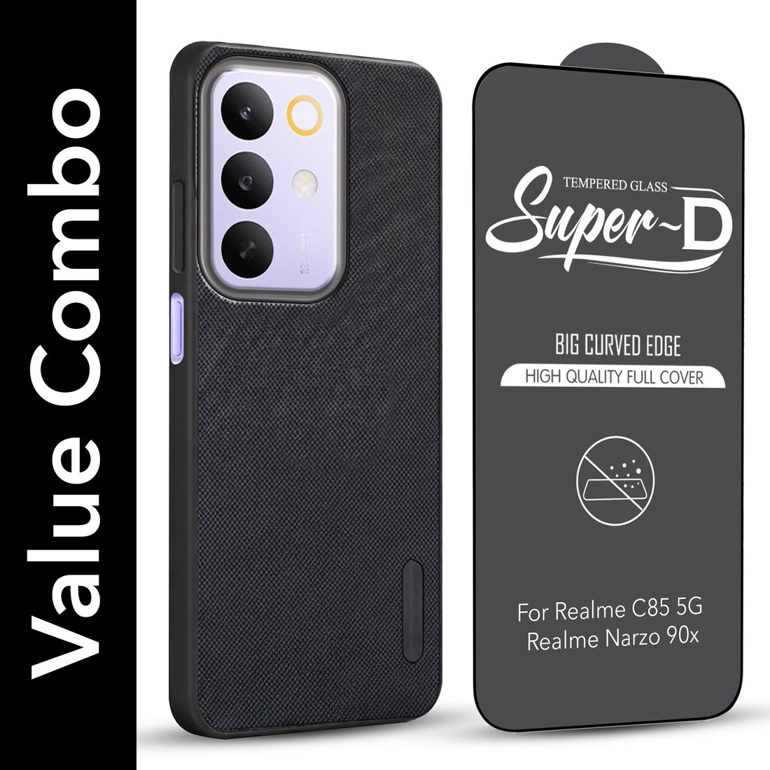 For Realme C85 5G | Realme Narzo 90x Combo with Back Cover and 9H Tempered Glass (Textured Grip Design | Micro-Fiber Cloth Inside | Oleophobic Coating Screen Glass)