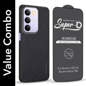 For Realme C85 5G | Realme Narzo 90x Combo with Back Cover and 9H Tempered Glass (Textured Grip Design | Micro-Fiber Cloth Inside | Oleophobic Coating Screen Glass)