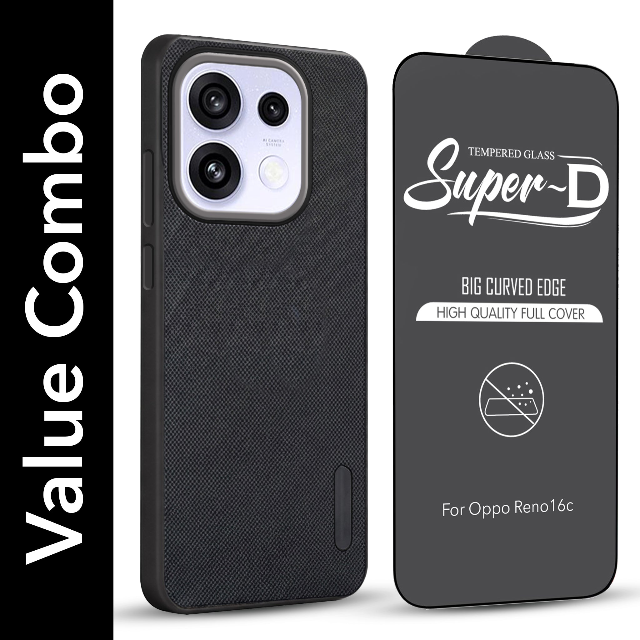For Oppo Reno 16C 5G Combo with Back Cover and 9H Tempered Glass (Textured Grip Design | Micro-Fiber Cloth Inside | Oleophobic Coating Screen Glass)