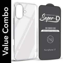 For Apple iPhone 17 Combo with Back Cover and 9H Tempered Glass (Lifetime Anti-Yellow | Sleek Hard Crystal | Oleophobic Coating Screen Glass)