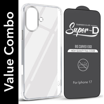 For Apple iPhone 17 Combo with Back Cover and 9H Tempered Glass (Lifetime Anti-Yellow | Sleek Hard Crystal | Oleophobic Coating Screen Glass)