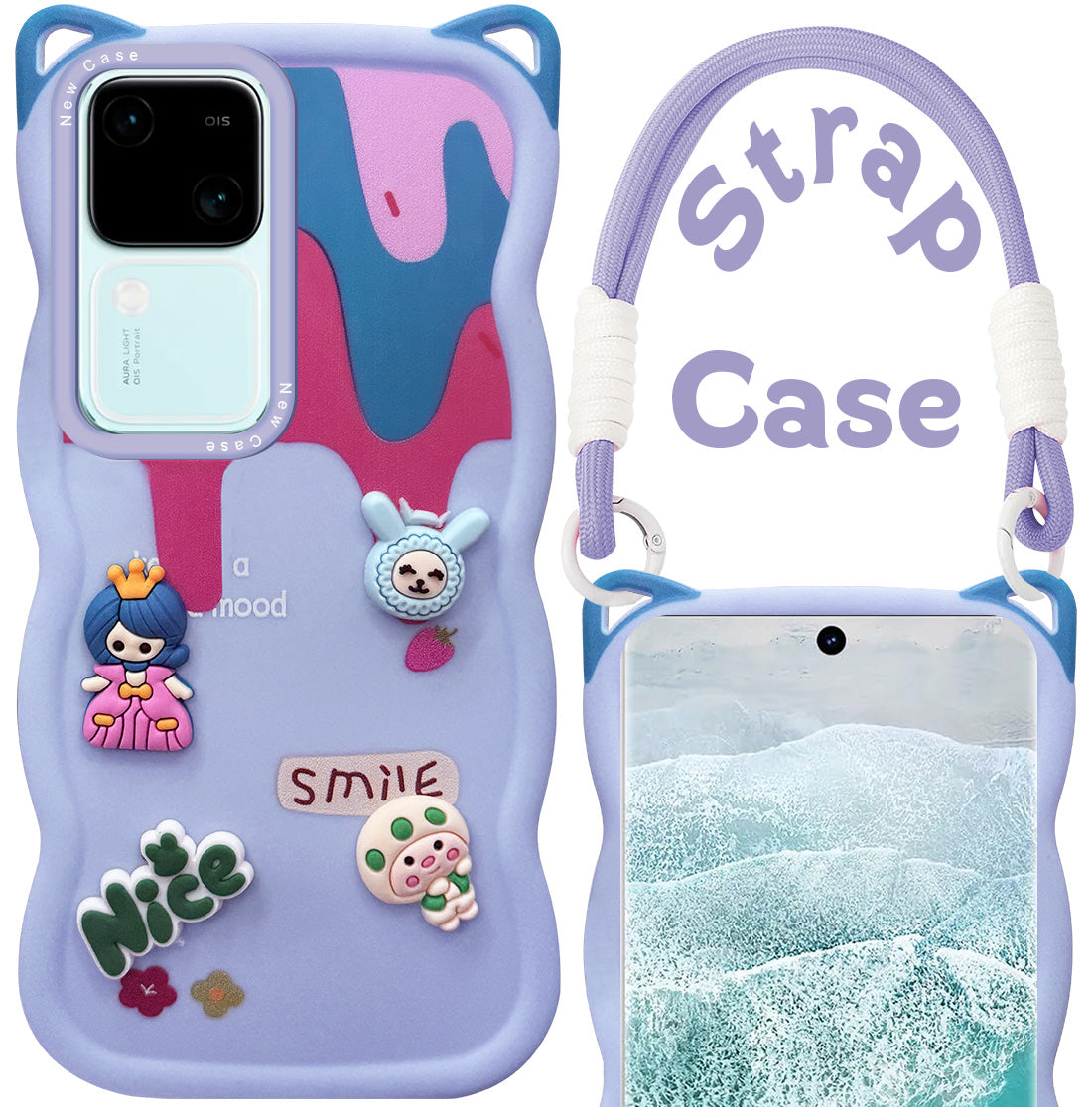 For Vivo V30 | Vivo V30 Pro 5G Back Case Cover Strap(3D embossed Figures | Strap Holder | 360* Soft Cushion with Camera Bump)