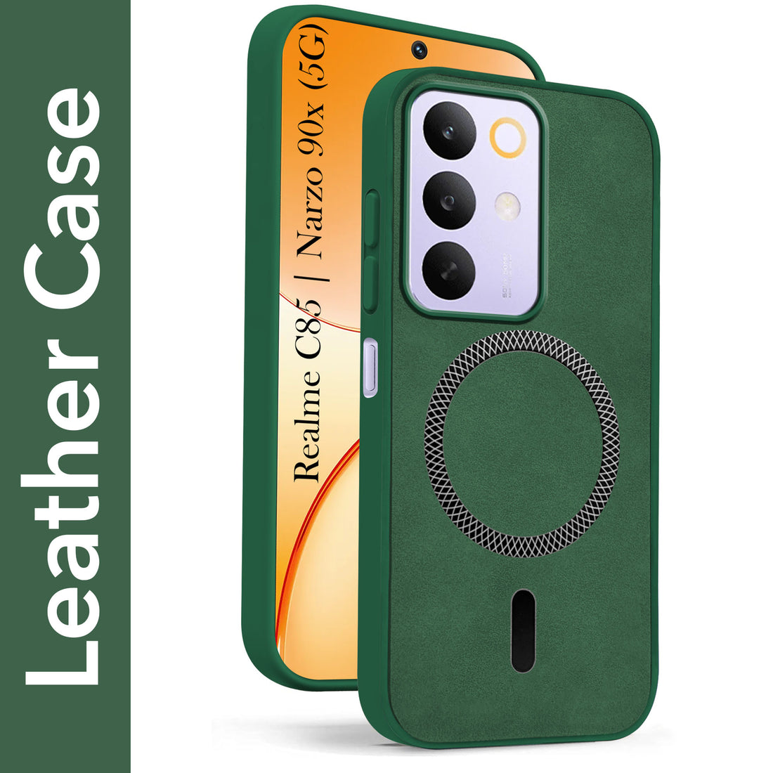 For Realme C85 5G | Realme Narzo 90x Back Cover Case Leather Finish (MagSafe Compatible Wireless Charging | Soft Touch | Camera Bump Protection)