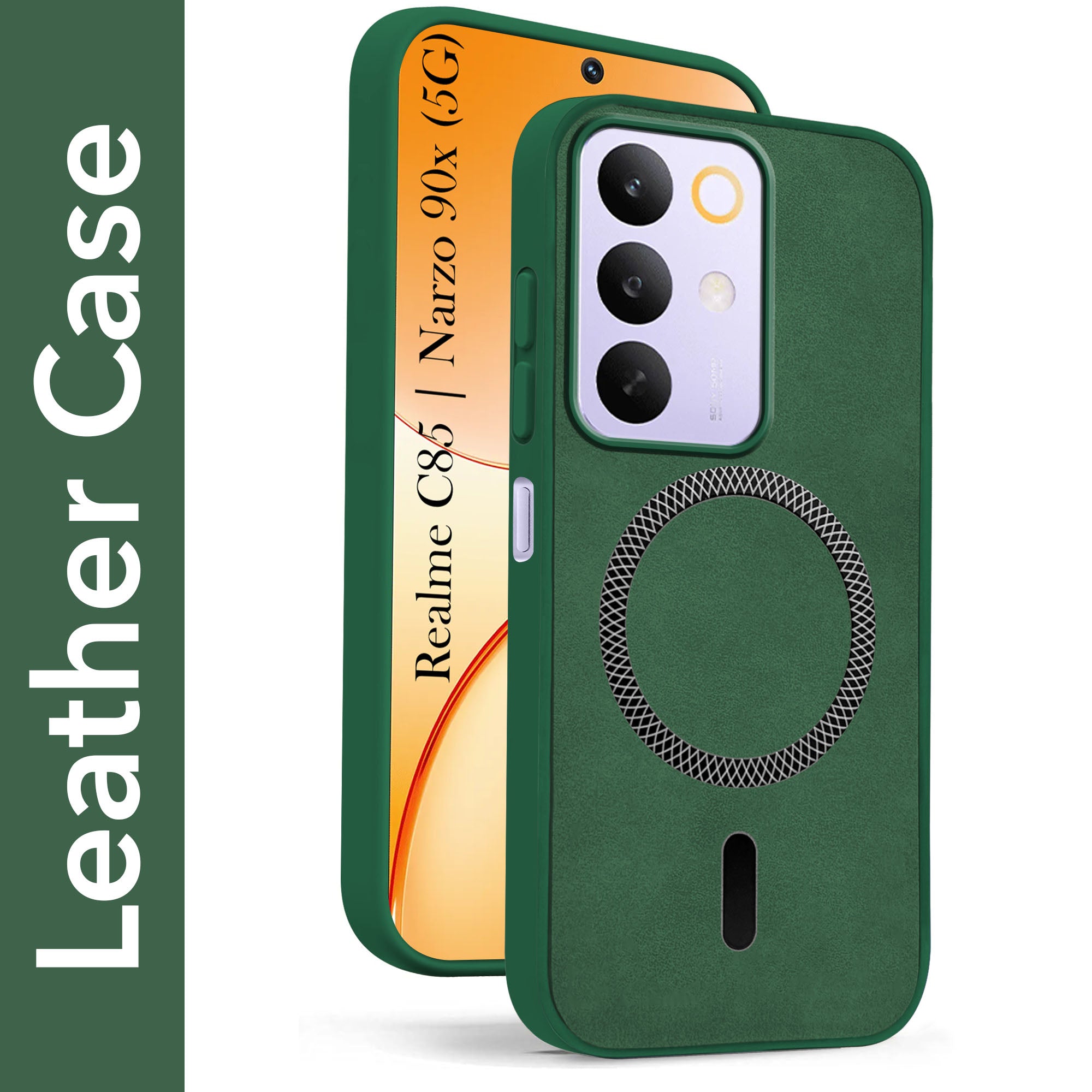 For Realme C85 5G | Realme Narzo 90x Back Cover Case Leather Finish (MagSafe Compatible Wireless Charging | Soft Touch | Camera Bump Protection)