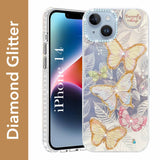 For Apple iPhone 14 Back Cover Case (Luxury Floral Glitter Cute Butterfly | Diamond Studded Camera Bump | Girls & Women Design)