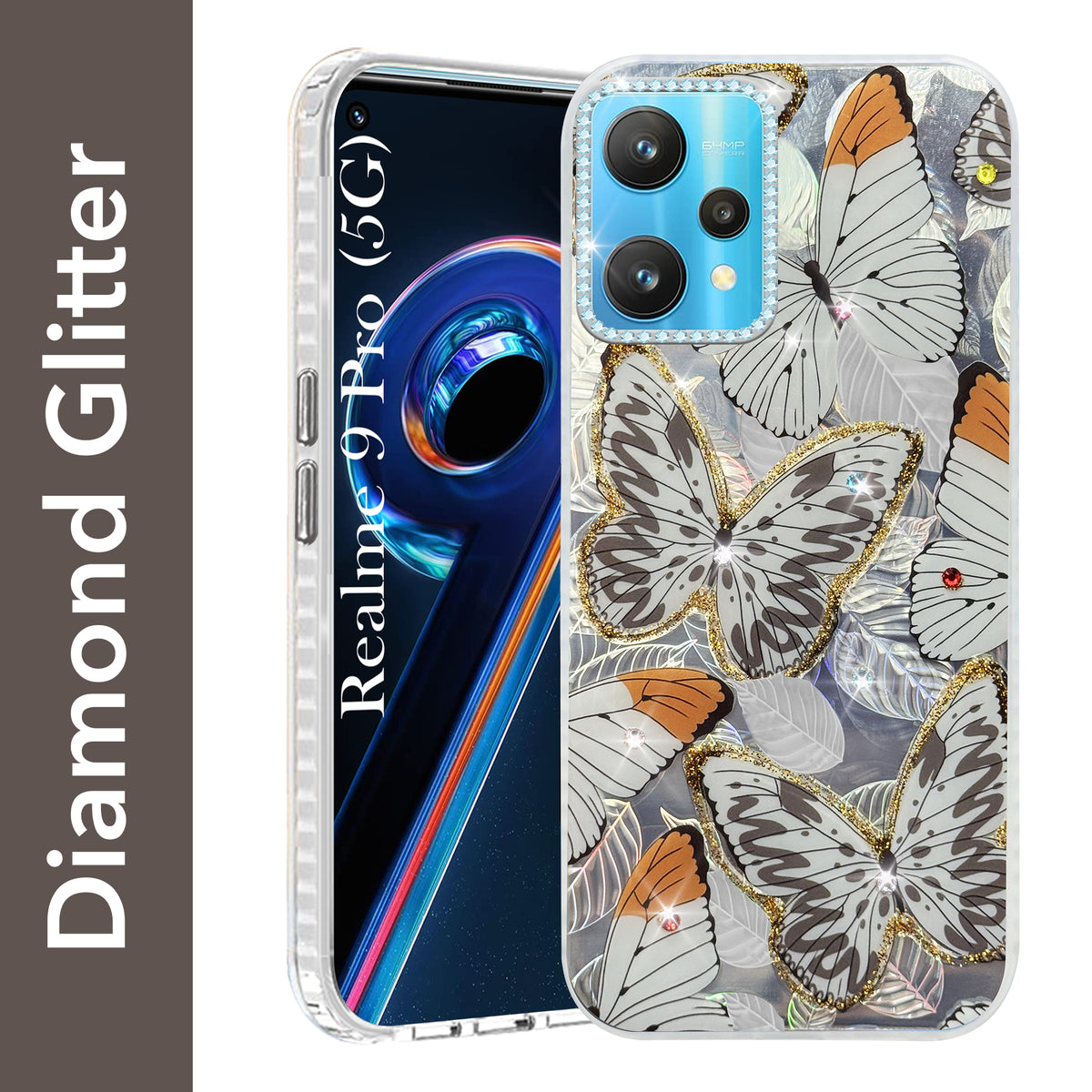 For Realme 9 Pro Back Cover Case (Luxury Floral Glitter Cute Butterfly | Diamond Studded Camera Bump | Girls & Women Design)