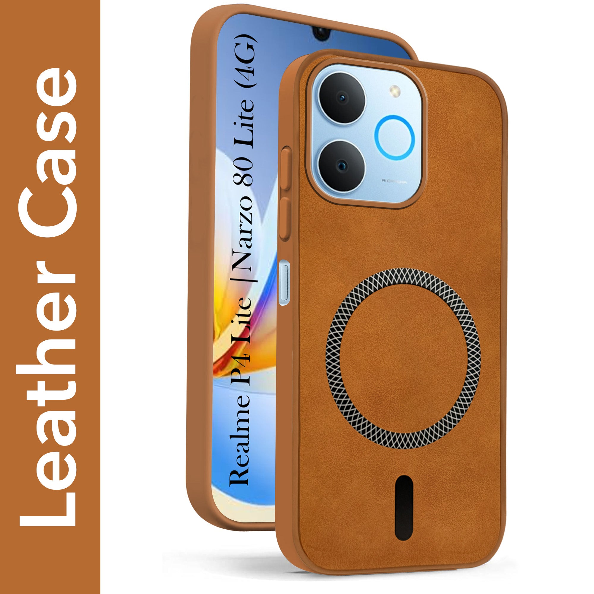 For Realme P4 Lite | Realme Narzo 80 Lite 4G Back Cover Case Leather Finish (MagSafe Compatible Wireless Charging | Soft Touch | Camera Bump Protection)
