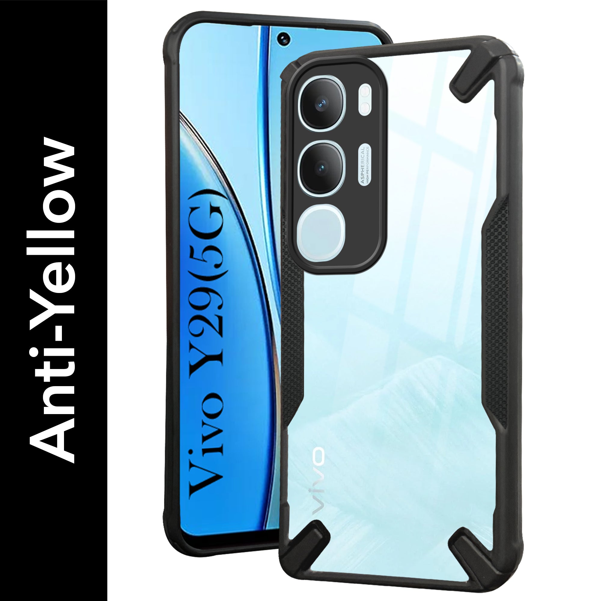 For Vivo Y29 Back Cover Case (Hybrid Crystal | Ultimate Shockproof Bumpers | Anti Yellow | Rugged Armor | Black )