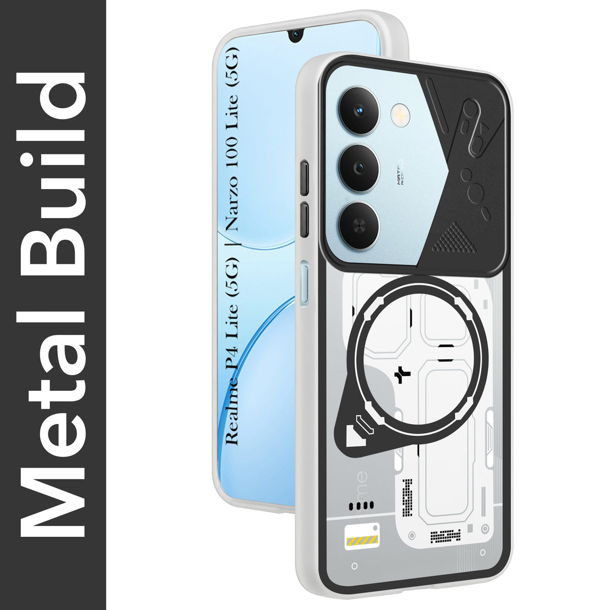 For Realme P4 Lite 5G | Narzo 100 Lite 5G Metallic Back Cover Case (Metallic Camera Protection & Buttons | Translucent Milky Shade | Hard Polycarbonate)