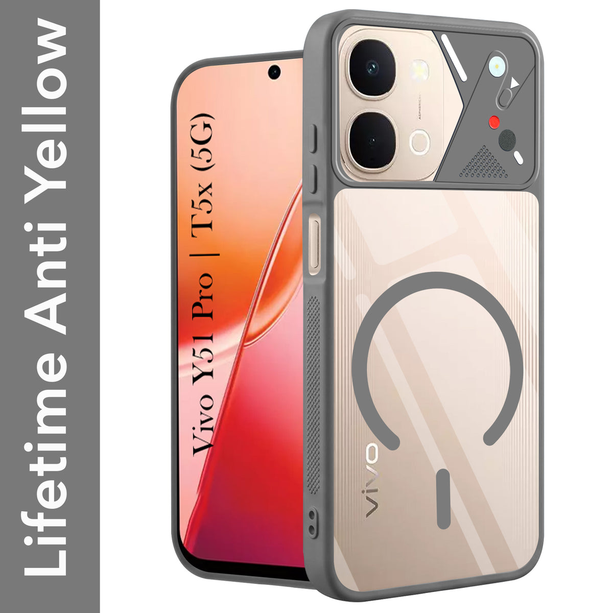 For Vivo Y51 Pro 5G | Vivo T5x Back Cover Case Lifetime Anti-Yellow Clear (Camera Protection | Side Grip | Wireless MagSafe Compatible)