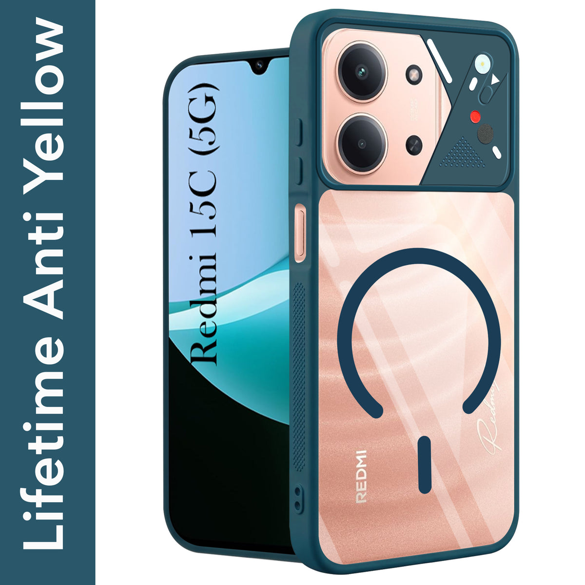 For Redmi 15C Back Cover Case Lifetime Anti-Yellow Clear (Camera Protection | Side Grip | Wireless MagSafe Compatible)
