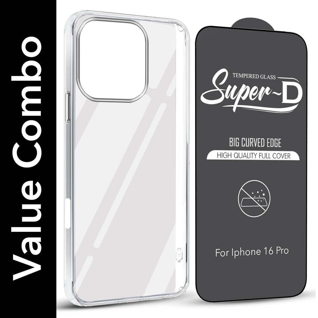 For Apple iPhone 16 Pro Combo with Back Cover and 9H Tempered Glass (Lifetime Anti-Yellow | Sleek Hard Crystal | Oleophobic Coating Screen Glass)
