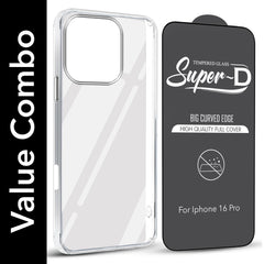 For Apple iPhone 16 Pro Combo with Back Cover and 9H Tempered Glass (Lifetime Anti-Yellow | Sleek Hard Crystal | Oleophobic Coating Screen Glass)