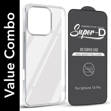 For Apple iPhone 16 Pro Combo with Back Cover and 9H Tempered Glass (Lifetime Anti-Yellow | Sleek Hard Crystal | Oleophobic Coating Screen Glass)