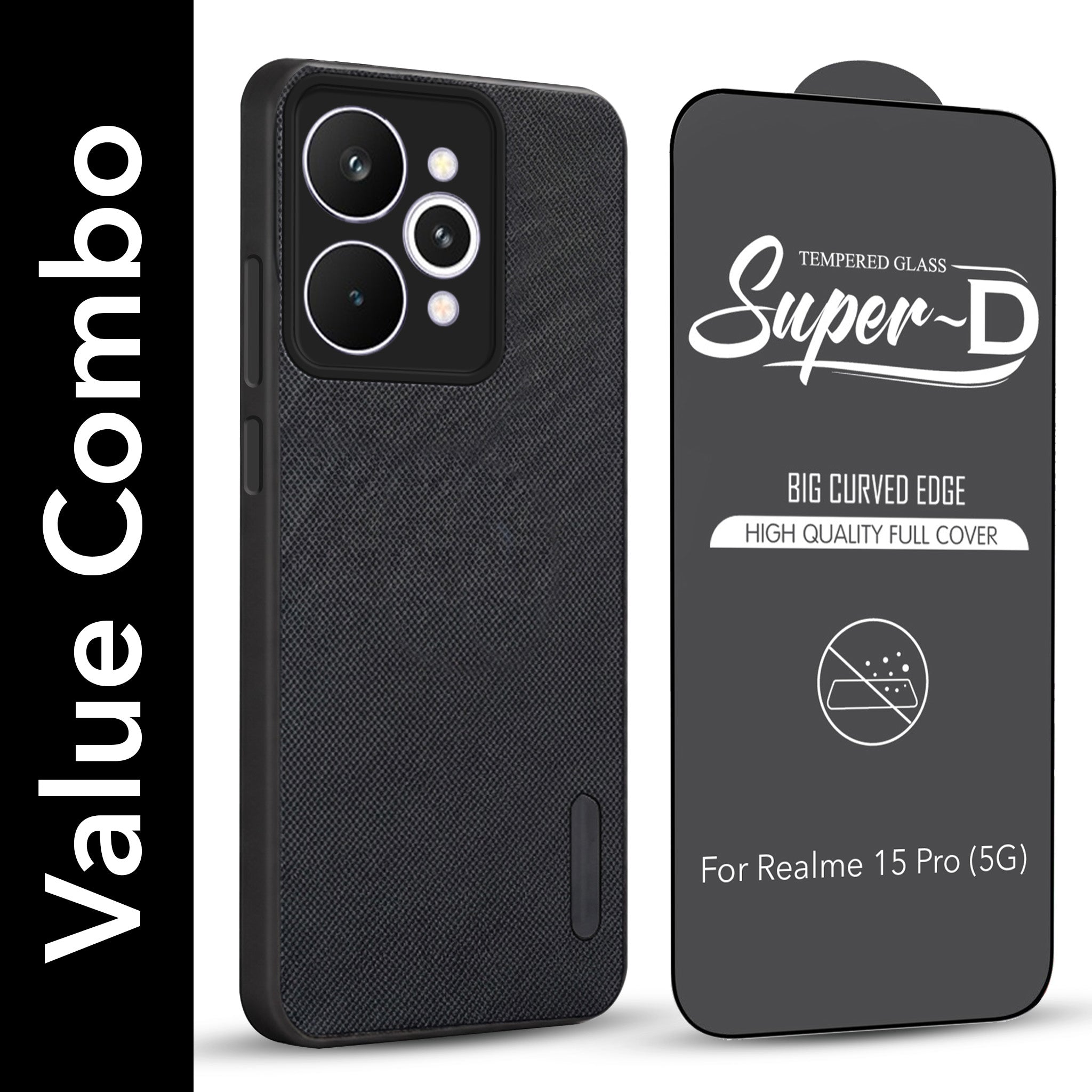 For Realme 15 Pro Combo with Back Cover and 9H Tempered Glass (Textured Grip Design | Micro-Fiber Cloth Inside | Oleophobic Coating Screen Glass)