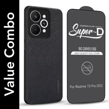 For Realme 15 Pro Combo with Back Cover and 9H Tempered Glass (Textured Grip Design | Micro-Fiber Cloth Inside | Oleophobic Coating Screen Glass)