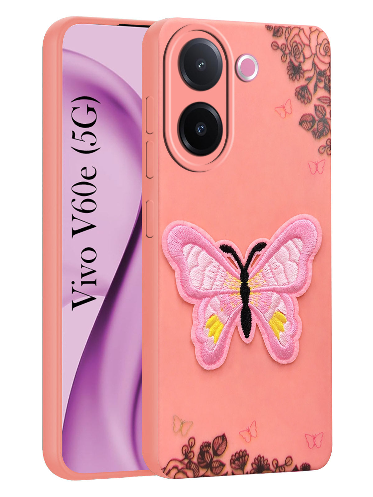 For Vivo V60e Back Cover Case (SoFt Butter Fly Embroidery | Women Teen Girls | Camera Protection| Matte Silicone)