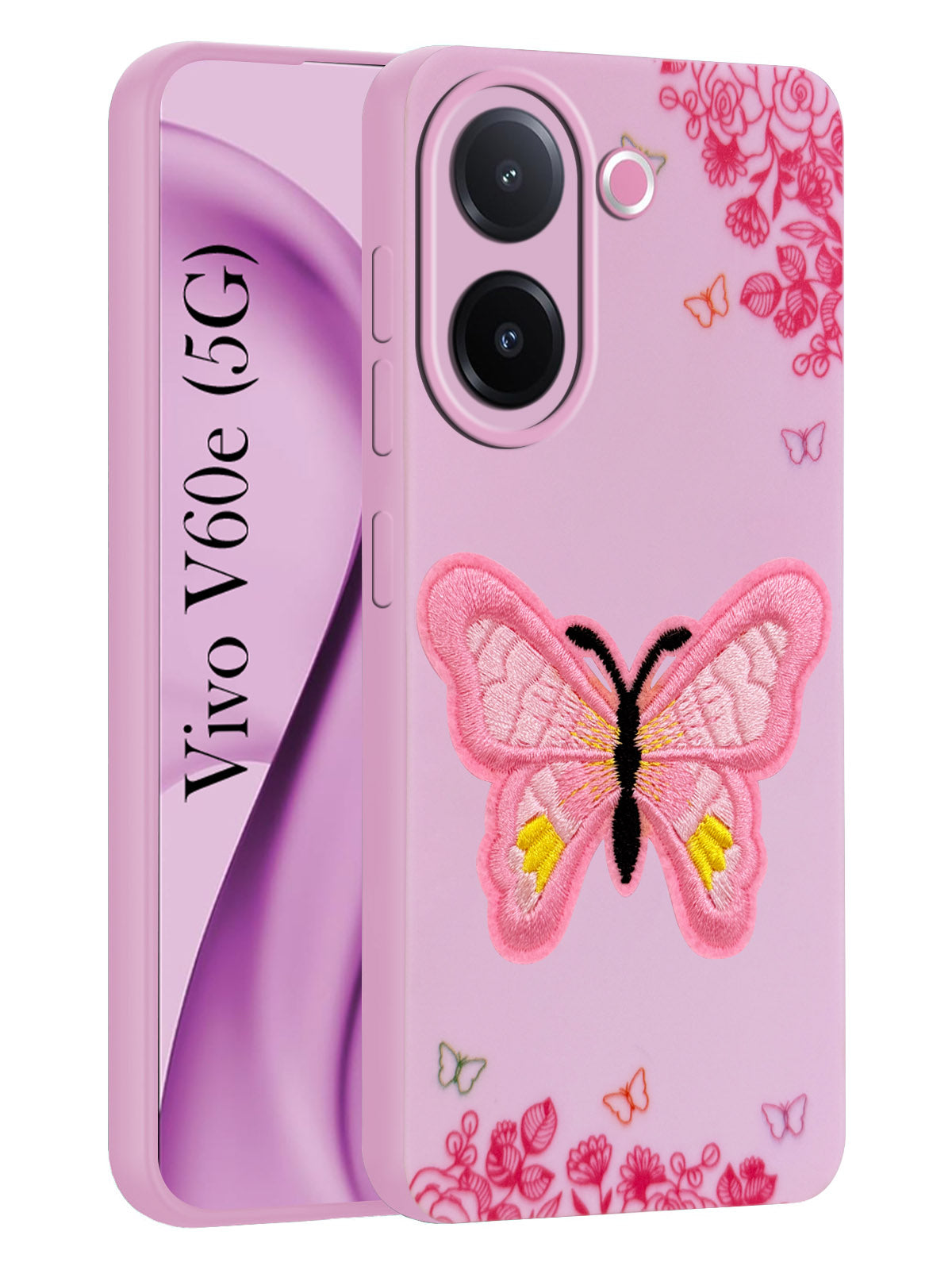 For Vivo V60e Back Cover Case (SoFt Butter Fly Embroidery | Women Teen Girls | Camera Protection| Matte Silicone)