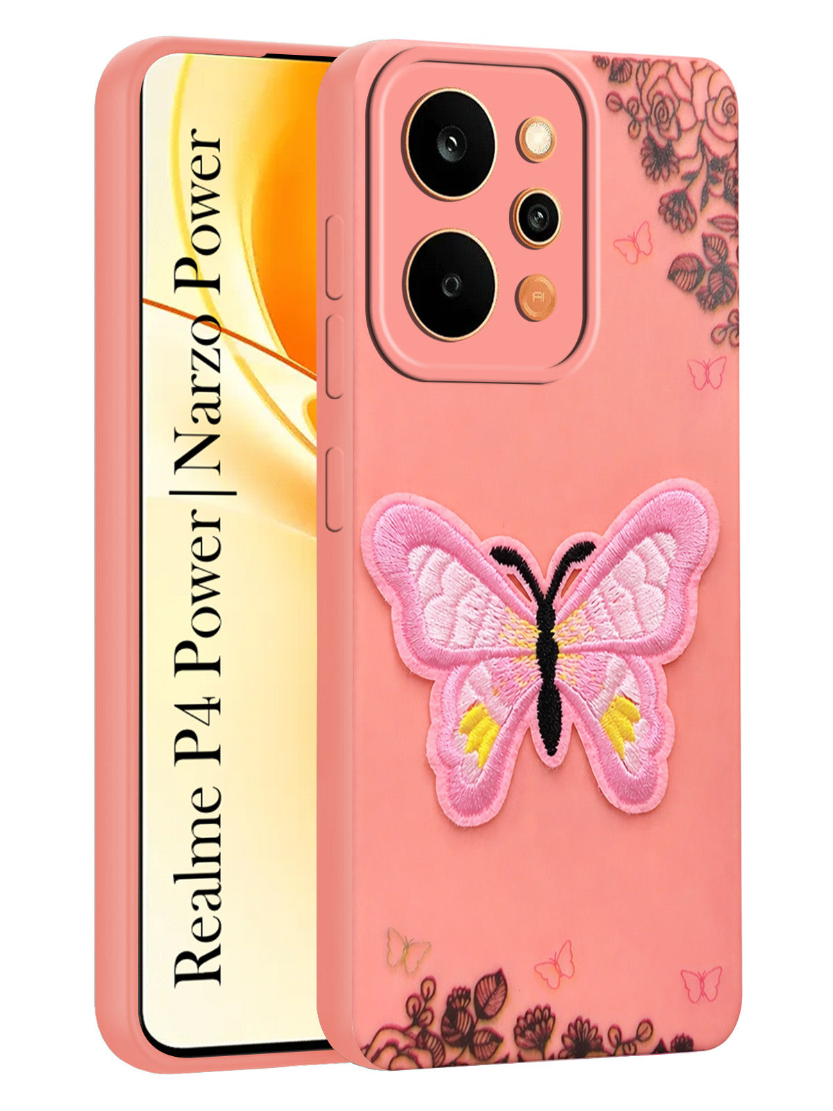 For Realme P4 Power 5G | Realme Narzo Power Back Cover Case (SoFt ButterFly Embroidery | Women Teen Girls | Camera Protection| Matte Silicone)