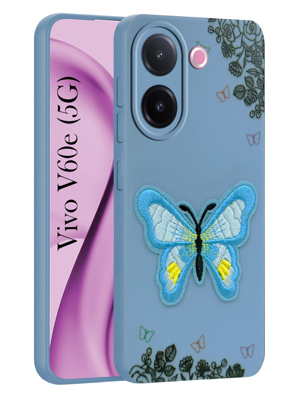 For Vivo V60e Back Cover Case (SoFt Butter Fly Embroidery | Women Teen Girls | Camera Protection| Matte Silicone)
