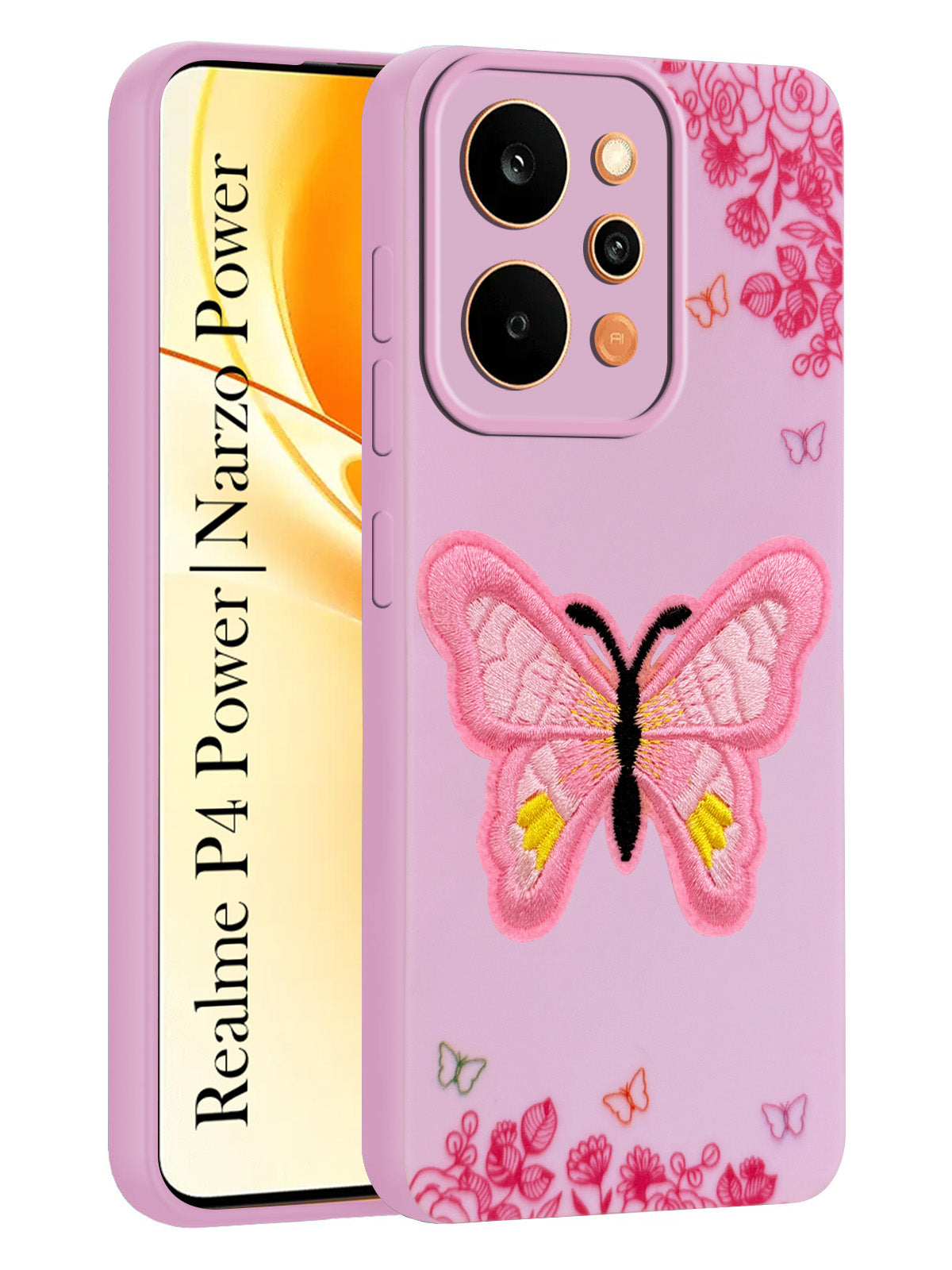 For Realme P4 Power 5G | Realme Narzo Power Back Cover Case (SoFt ButterFly Embroidery | Women Teen Girls | Camera Protection| Matte Silicone)
