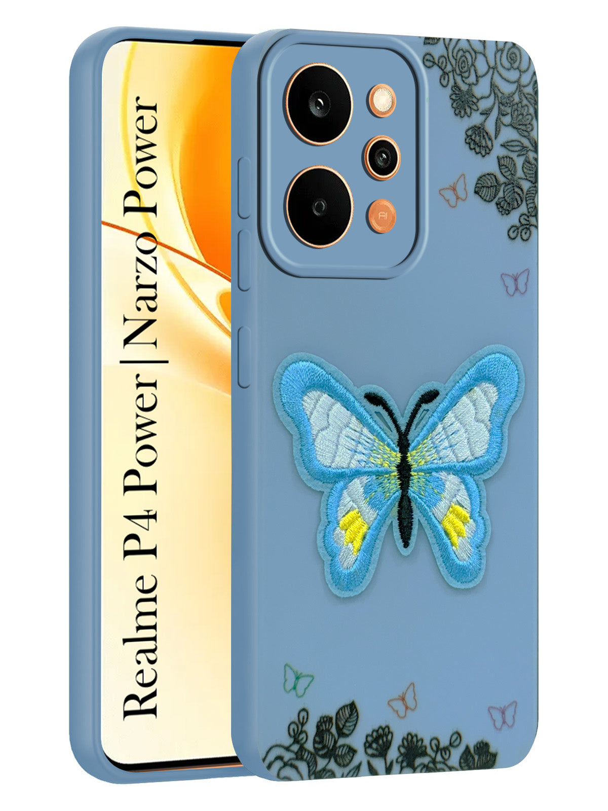 For Realme P4 Power 5G | Realme Narzo Power Back Cover Case (SoFt ButterFly Embroidery | Women Teen Girls | Camera Protection| Matte Silicone)
