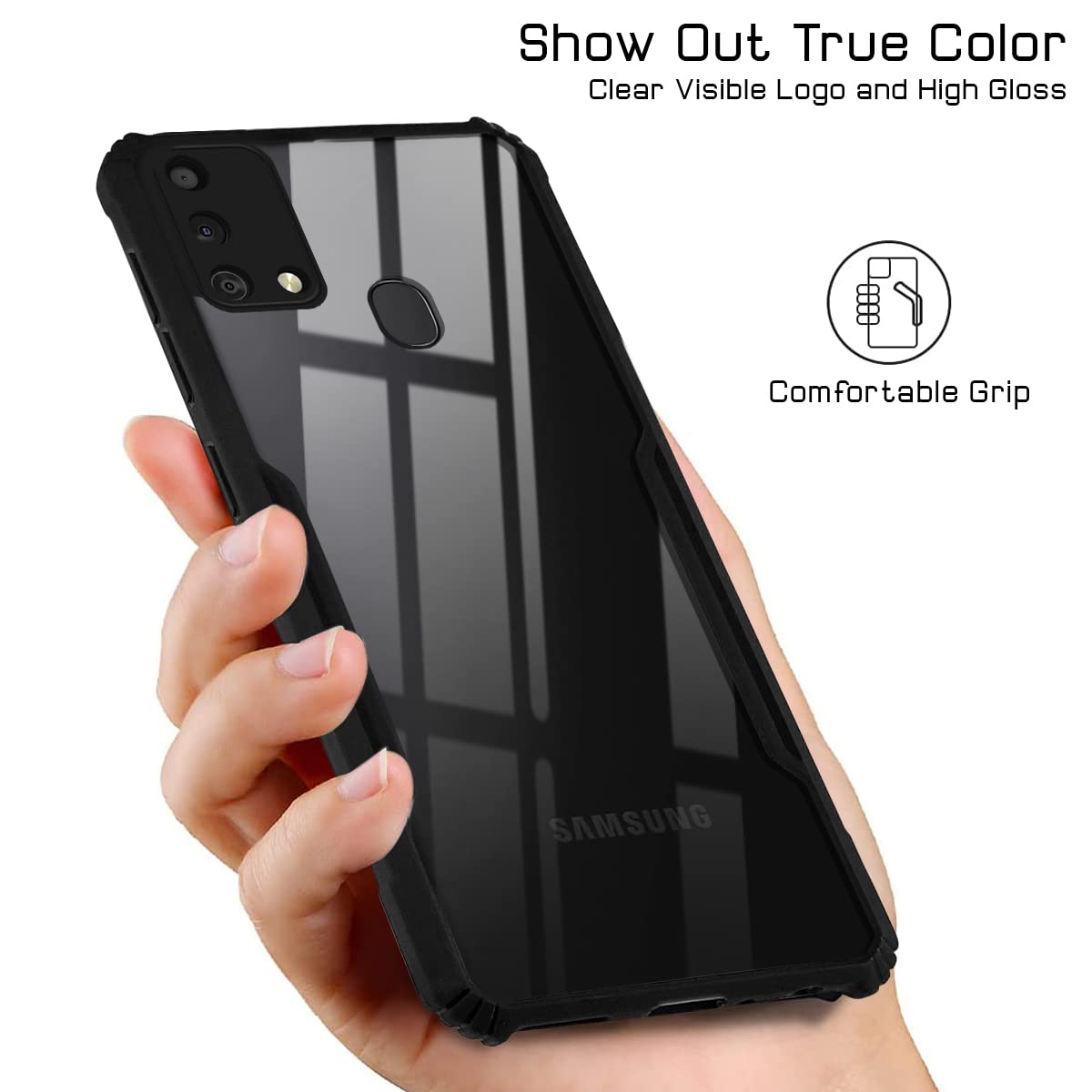 For Samsung Galaxy M21s Back Case Cover (Crystal Glass Back | Camera Protection | Shockproof Bumpers | Professional Black)