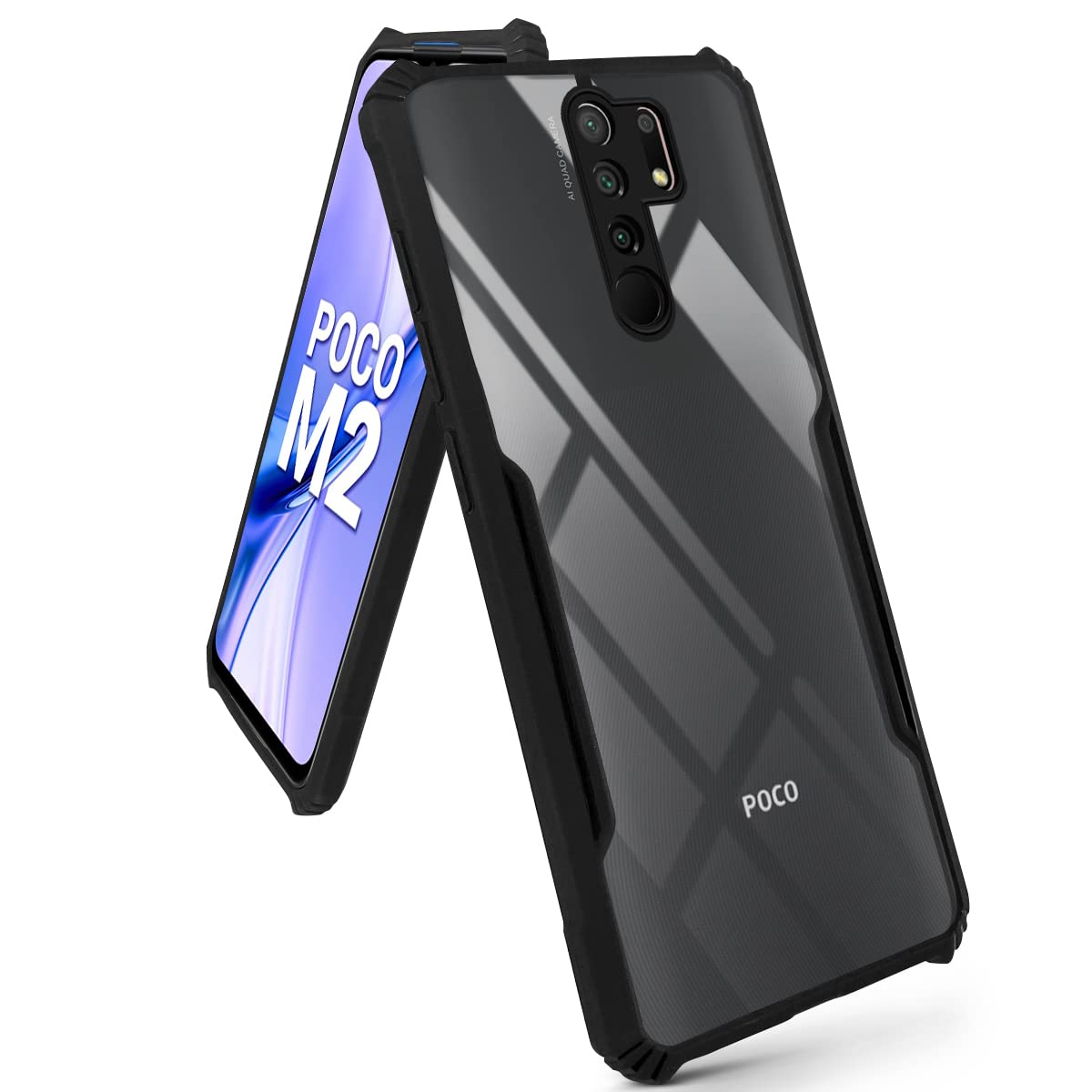 For Poco M2 Back Cover Case (Crystal Glass Back | Camera Protection | Shockproof Bumpers)