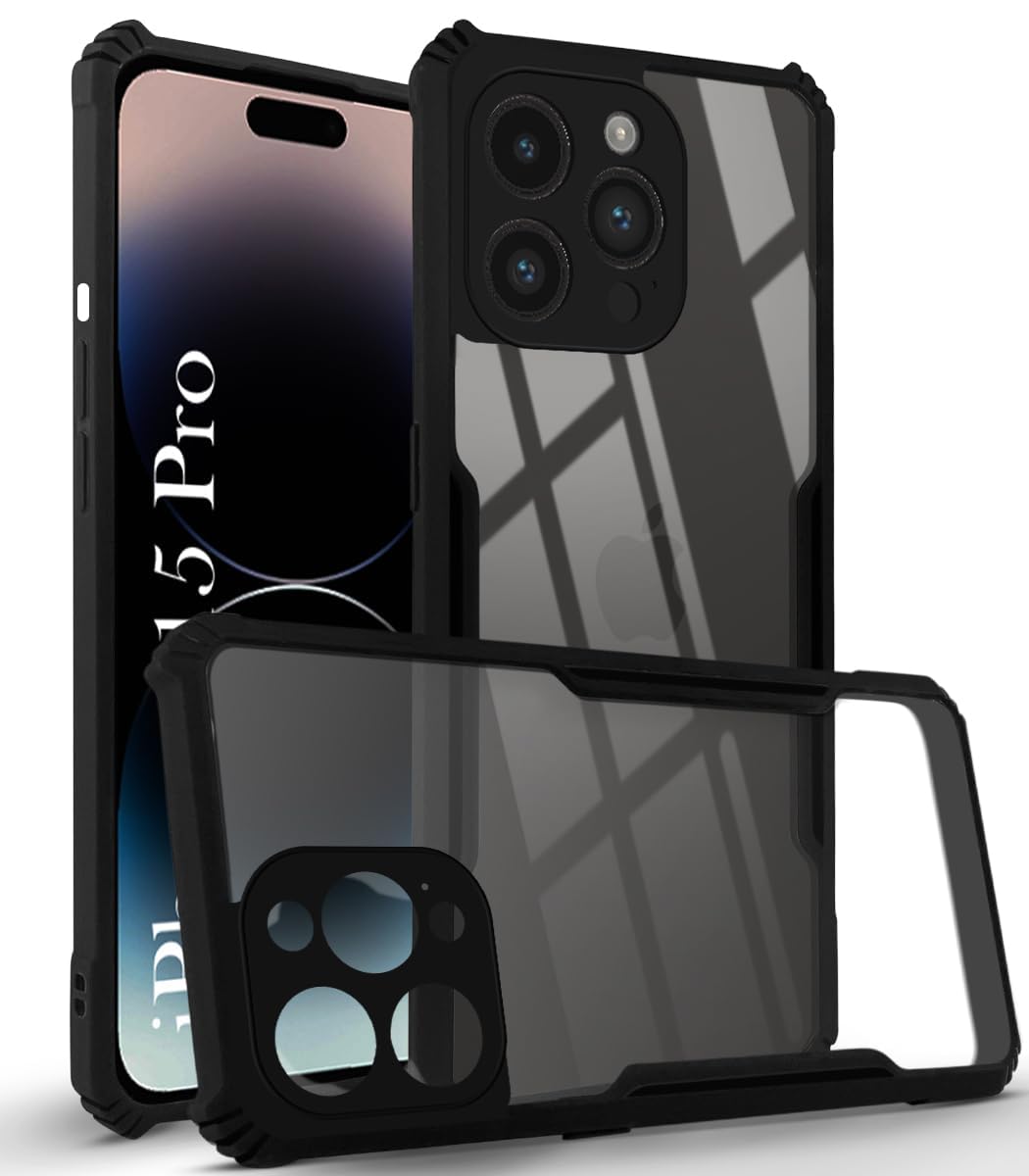 For iPhone 15 Pro Back Case Cover( Shockproof with Polycarbonate Clear Panel | Black)