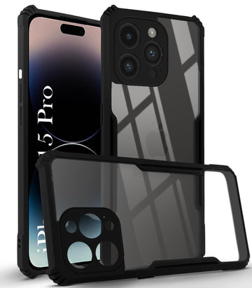 For iPhone 15 Pro Back Case Cover( Shockproof with Polycarbonate Clear Panel | Black)