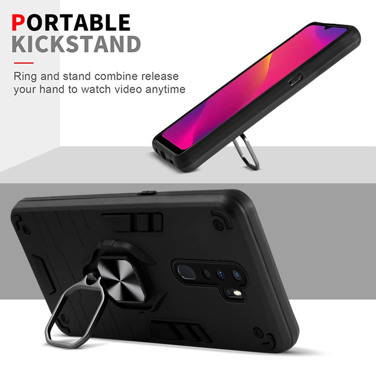For Oppo A5 (2020) | Oppo A9 (2020) Back Cover Case (Dual Layer Hybrid Armor | Ring Holder & Kickstand in-Built | 360 Degree Shockproof Protection)
