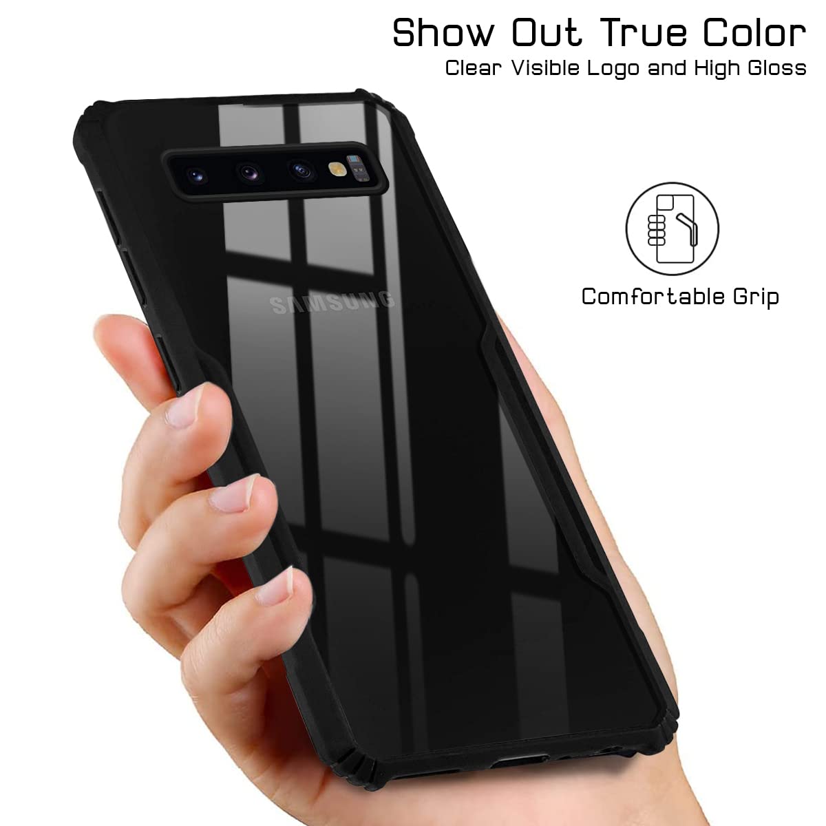 For Samsung Galaxy S10 Plus Back Cover Case ( Crystal Glass Back | Camera Protection | Shockproof Bumpers | Professional Black)