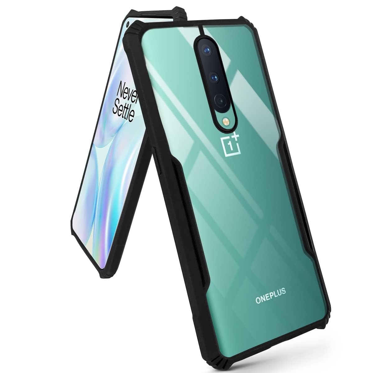 For OnePlus 8 Back Case Cover (Polycarbonate with Shockproof Clear Panel | Crystal Glass Back | Camera Protection | Black)